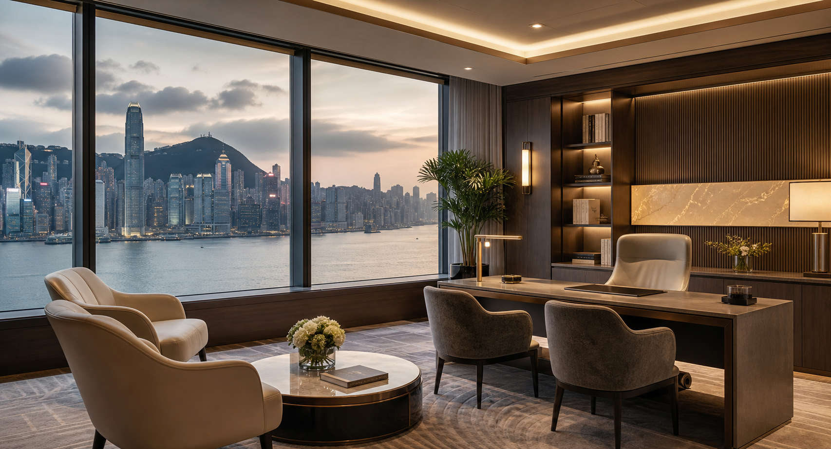 Elegant consultation office overlooking Hong Kong harbour