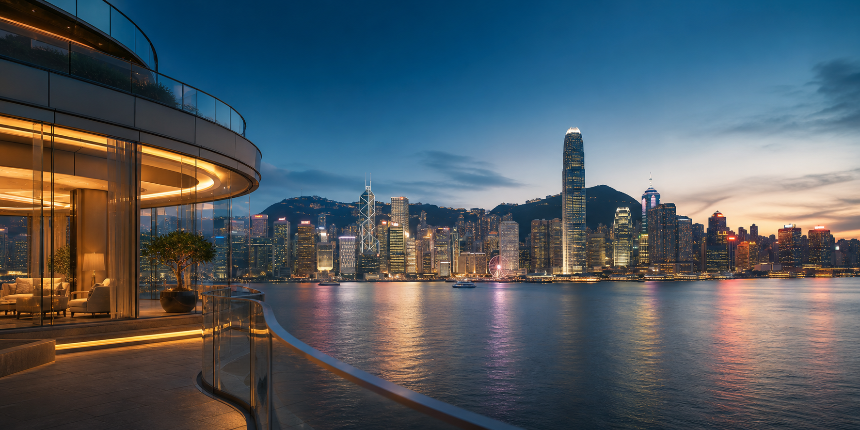 Hong Kong skyline and harbour at golden hour